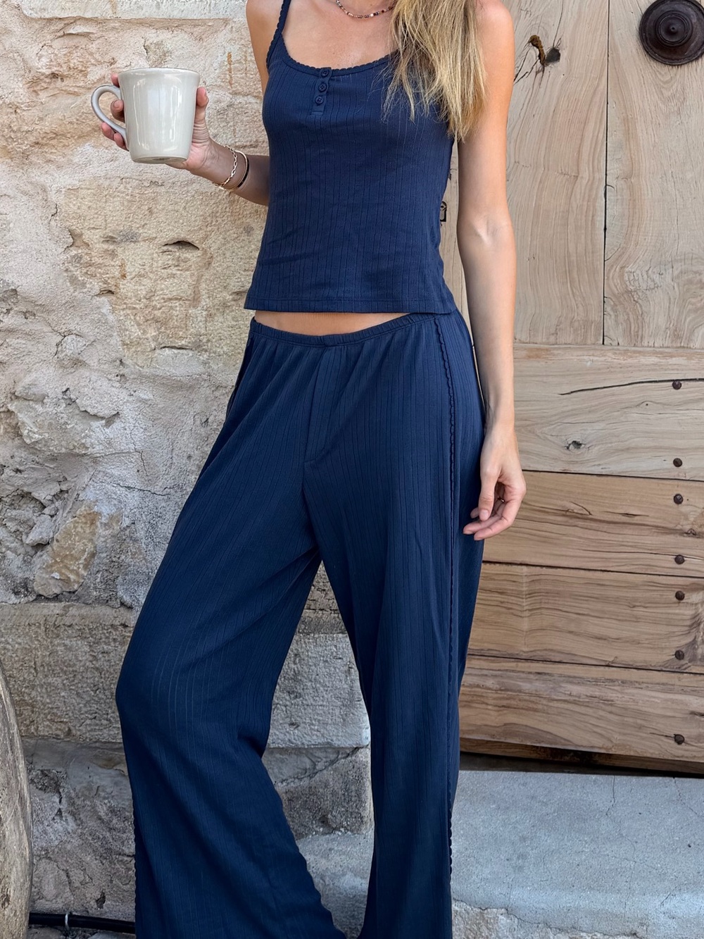 Daphne Women's Navy Pointelle Pajama Set